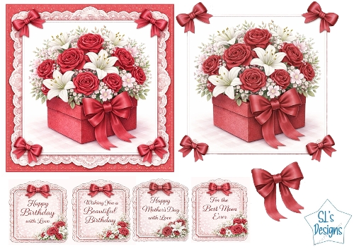 Floral Gift Box Card Kit – Red Roses & White Lilies with Lace – Elegant All‑Occasion Printable