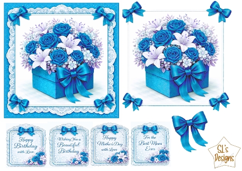 Floral Gift Box Card Kit – Blue Roses & White Lilies with Lace – Elegant All‑Occasion Printable