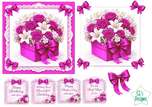 Floral Gift Box Card Kit – Pink Roses & White Lilies with Lace – Elegant All‑Occasion Printable