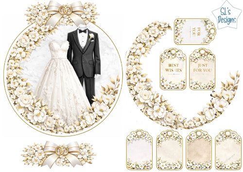 Elegant Wedding Dress & Tuxedo Floral Frame Topper with Gold Accents