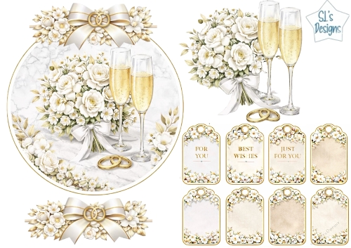 Luxury Wedding Champagne & White Rose Floral Topper with Gold Rings