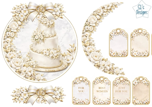 Luxury White & Gold Wedding Cake Floral Topper with Elegant Tags