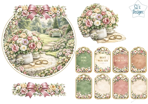Romantic Garden Wedding Rings Floral Topper with Vintage Tags