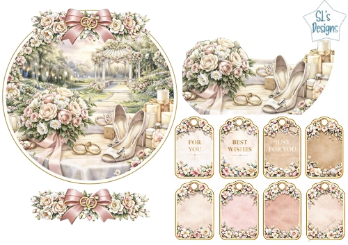 Romantic Pastel Wedding Gazebo Topper with Shoes, Gifts & Floral Tags