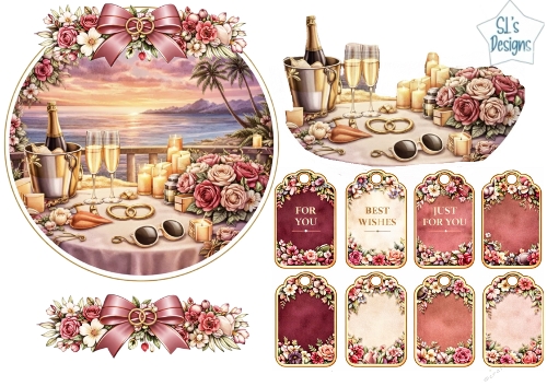 Sunset Seaside Wedding Celebration Topper with Champagne & Floral Tags