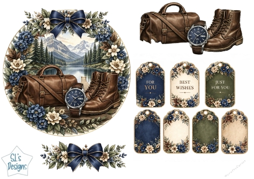 Rustic Mountain Travel Topper with Boots, Bag & Floral Tags