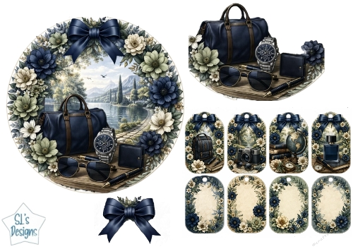 Luxury Travel & Mountain Scenic Topper with Navy Accessories and Floral Tags