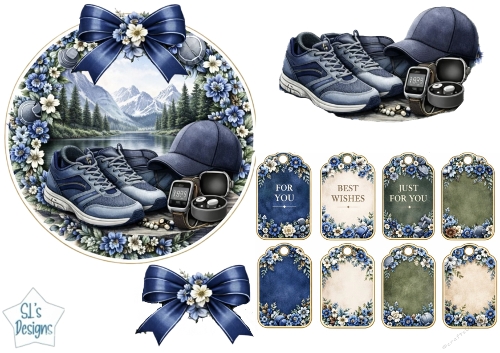 Blue Sports & Mountain Lifestyle Topper with Sneakers, Cap & Floral Tags