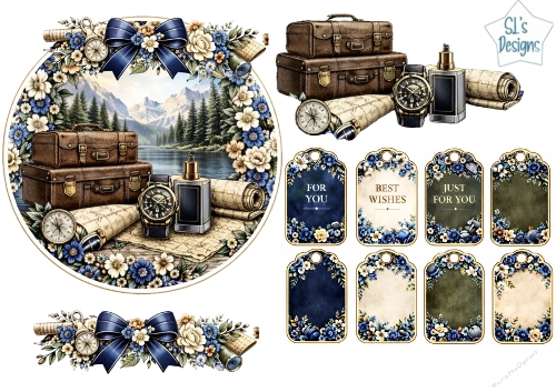Vintage Travel Suitcases & Mountain Scenic Topper with Blue Floral Tags
