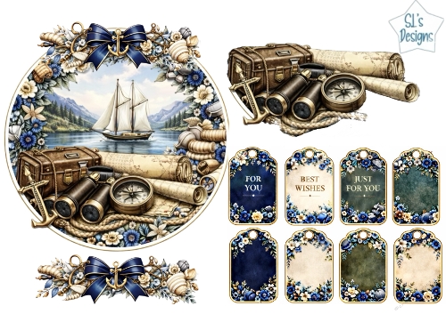 Nautical Sailboat & Compass Scenic Topper with Blue Floral Tags