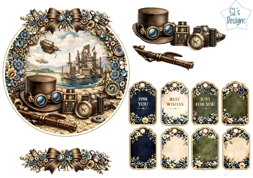 Steampunk Castle & Airship Scenic Topper with Gears, Goggles & Floral Tags