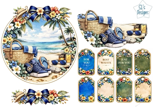 Tropical Beach Bag & Summer Essentials Topper with Floral Tags