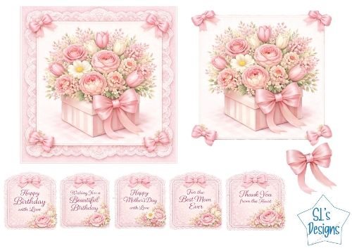 Floral Gift Box Card Kit – Pink Roses & Pastel Blossoms with Lace – Elegant All‑Occasion Printable