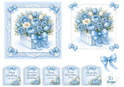 Floral Gift Box Card Kit – Blue Roses & White Tulips with Lace – Elegant All‑Occasion Printable