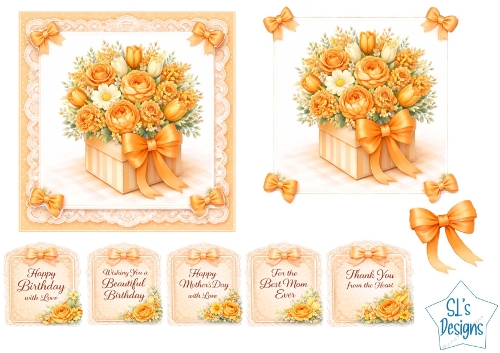 Floral Gift Box Card Kit – Orange & Yellow Roses with Lace – Elegant All‑Occasion Printable