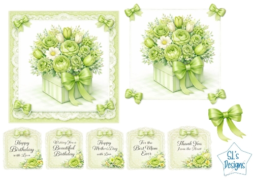 Floral Gift Box Card Kit – Green & White Roses with Lace – Elegant All‑Occasion Printable