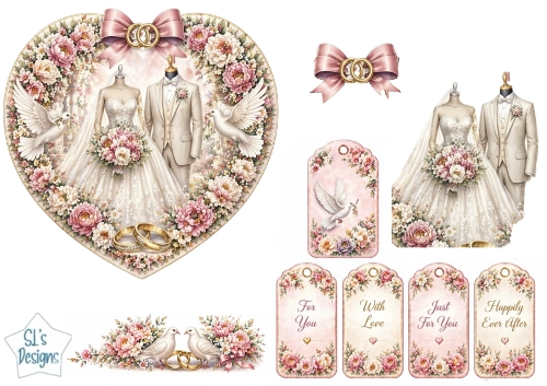 Romantic Wedding Doves & Floral Heart Topper with Tags