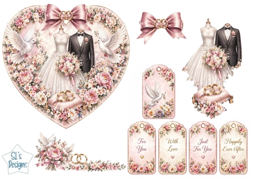 Elegant Wedding Doves & Floral Heart Topper with Sentiment Tags 1
