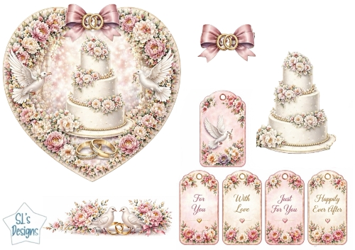 Romantic Wedding Cake & Doves Floral Heart Topper with Tags