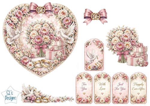 Romantic Wedding Gifts & Doves Floral Heart Topper with Sentiment Tags