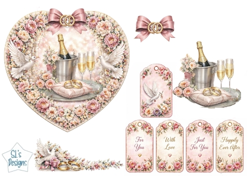 Romantic Champagne & Doves Floral Heart Wedding Topper with Tags