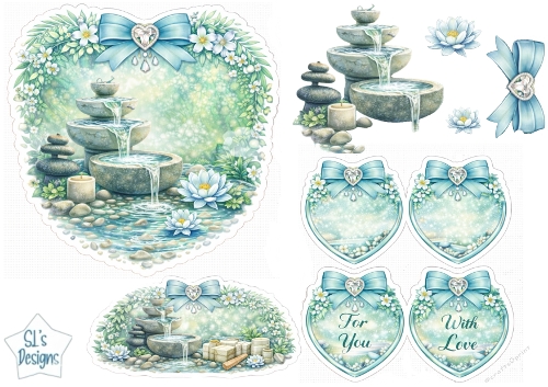 Zen Water Fountain & Lotus Floral Heart Wellness Topper with Tags 1