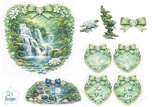 Serene Waterfall & Lotus Floral Heart Nature Topper with Tags