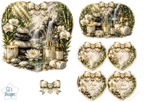 Luxury Spa Waterfall & Lotus Marble Heart Wellness Topper with Tags 2