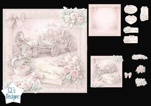 Luxury Pastel Wedding Carriage & Roses Card Topper Kit