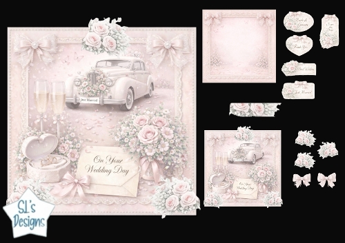 Vintage Pastel Wedding Car & Roses Card Topper Kit