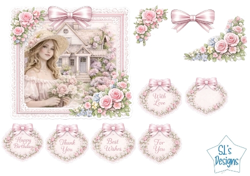 Vintage Cottage Lady Card Kit – Pastel Roses & Lace Frame – Elegant All‑Occasion Printable