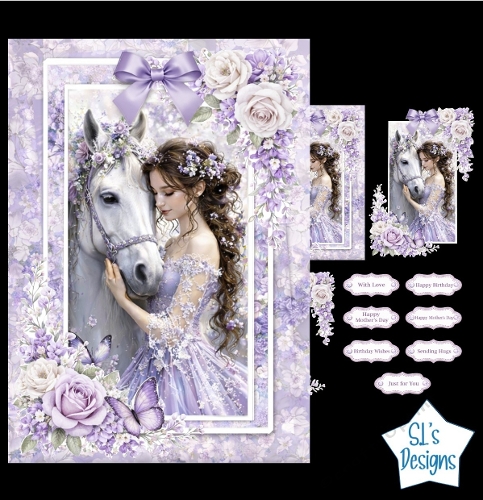 Elegant Lady & White Horse Card Kit – Lavender Flowers & Butterflies – Fantasy Pastel Printable