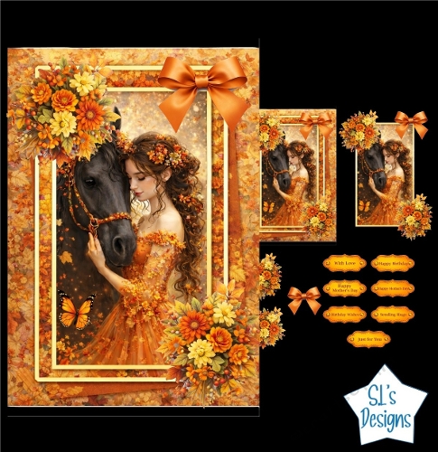 Elegant Lady & Black Horse Card Kit – Autumn Flowers & Golden Frame – Warm Seasonal Printable