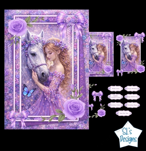 Elegant Lady & White Horse Card Kit – Lavender Fantasy Flowers & Sparkles – Pastel Printable