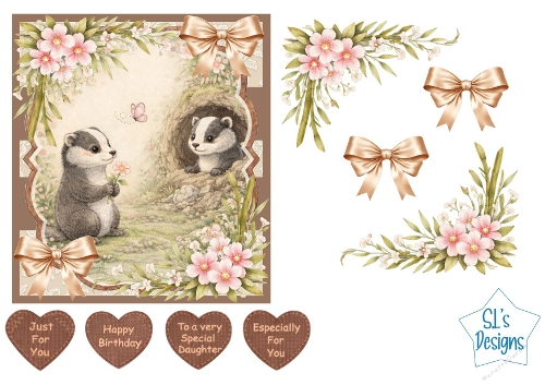 Cute Badgers Card Kit – Woodland Flowers, Bows & Heart Tags – Adorable All‑Occasion Printable