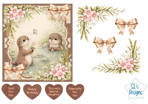 Cute Otters Card Kit – Woodland River Scene, Pink Flowers & Heart Tags – Adorable All‑Occasion Printable