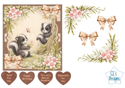 Cute Baby Skunks Card Kit – Woodland Flowers, Pink Accents & Heart Tags – Adorable All‑Occasion Printable