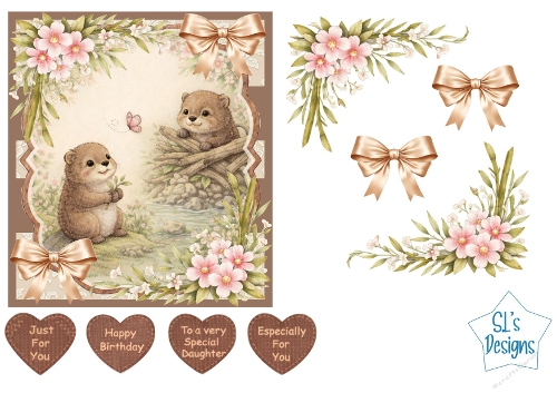 Cute Otters Card Kit – Woodland Riverbank Scene, Pink Flowers & Heart Tags – Adorable All‑Occasion Printable