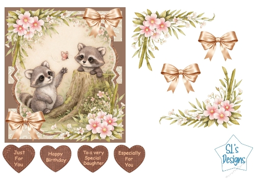 Cute Raccoons Card Kit – Woodland Flowers, Butterfly & Heart Tags – Adorable All‑Occasion Printable