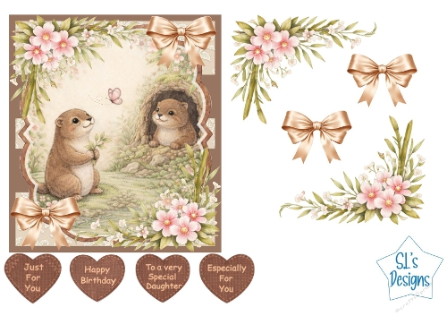 Cute Otters Card Kit – Woodland Cave Scene, Pink Flowers & Heart Tags – Adorable All‑Occasion Printable