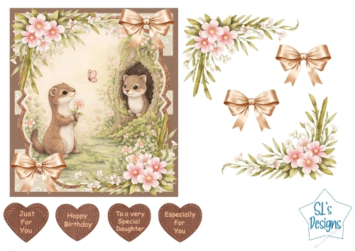 Cute Woodland Animals Card Kit – Tree Hollow Scene, Pink Flowers & Heart Tags – Adorable All‑Occasion Printable