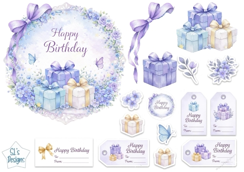 Lavender & Blue Floral Birthday Topper with Gifts, Butterflies & Tags