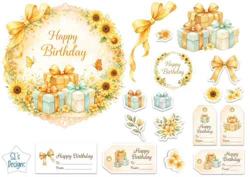 Sunflower Birthday Topper with Pastel Gifts, Butterflies & Tags