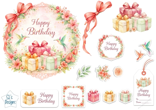 Hummingbird Floral Birthday Topper with Pastel Gifts & Tags