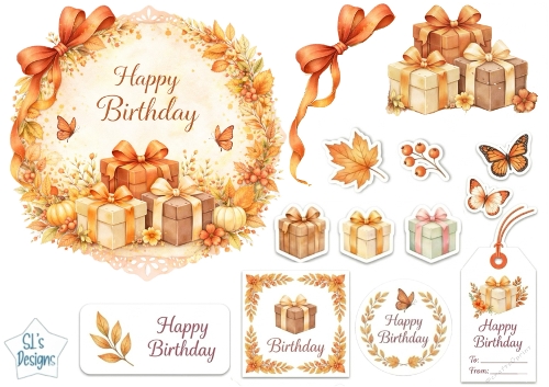 Autumn Birthday Topper with Leaves, Pumpkins, Gifts & Tags