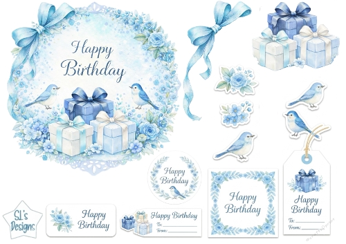 Blue Floral Birthday Topper with Birds, Roses, Gifts & Tags
