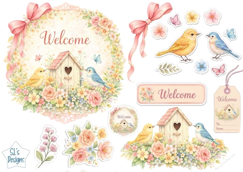 Pastel Floral Welcome Topper with Birdhouse, Birds & Tags 1