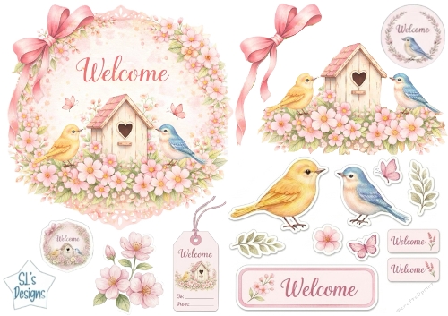 Spring Floral Welcome Topper with Birdhouse, Birds & Tags 1
