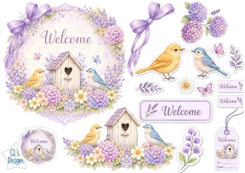 Lavender Floral Welcome Topper with Birdhouse, Birds & Tags