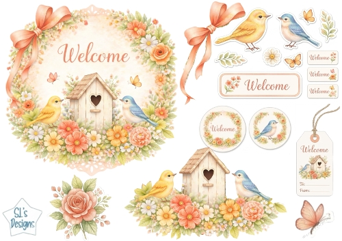 Peach Floral Welcome Topper with Birdhouse, Birds & Tags